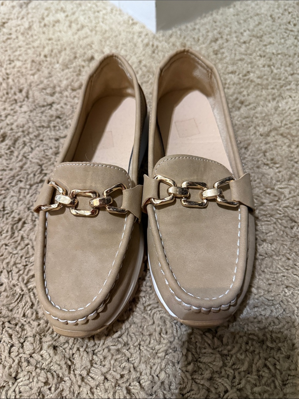 Women's Tan Loafers with Gold Chain Accent